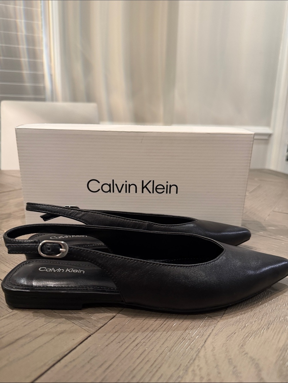 Calvin Klein Black Leather Pointed Slingback Flats